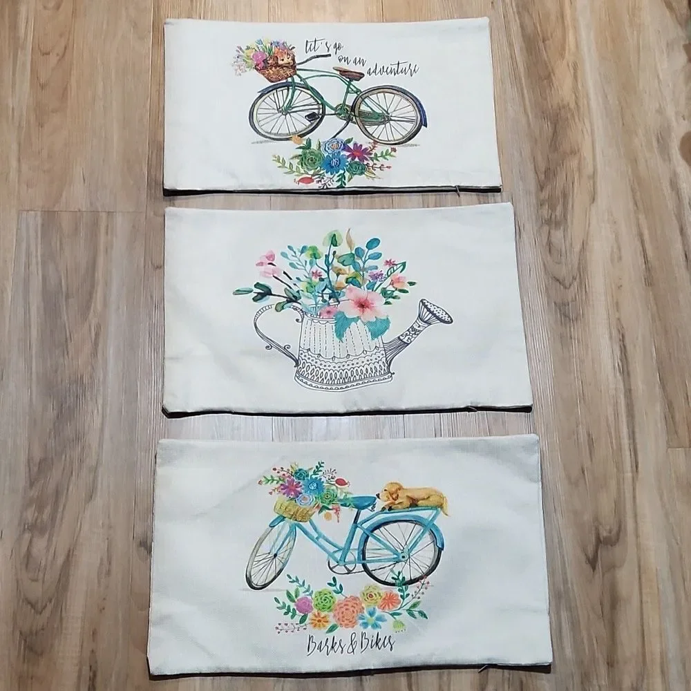 NWOT Burlap Rectangle Garden Bike Accent Pillow Covers